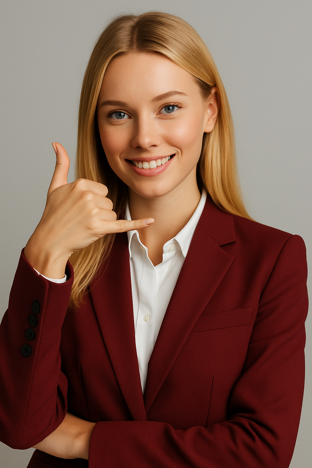 Professional woman in a burgundy blazer smiling and making a “call me” gesture, symbolizing customer support for Boydur® M12 users.